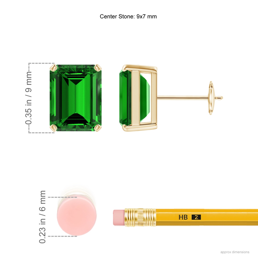 9x7mm Labgrown Lab-Grown Prong-Set Emerald-Cut Emerald Solitaire Stud Earrings in Yellow Gold ruler