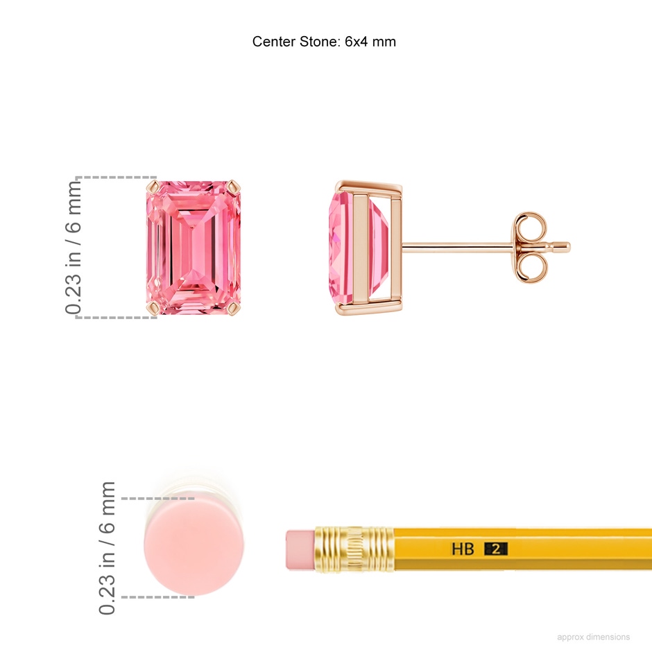 6x4mm Labgrown Prong-Set Emerald-Cut Lab-Grown Fancy Intense Pink Diamond Solitaire Stud Earrings in 18K Rose Gold ruler