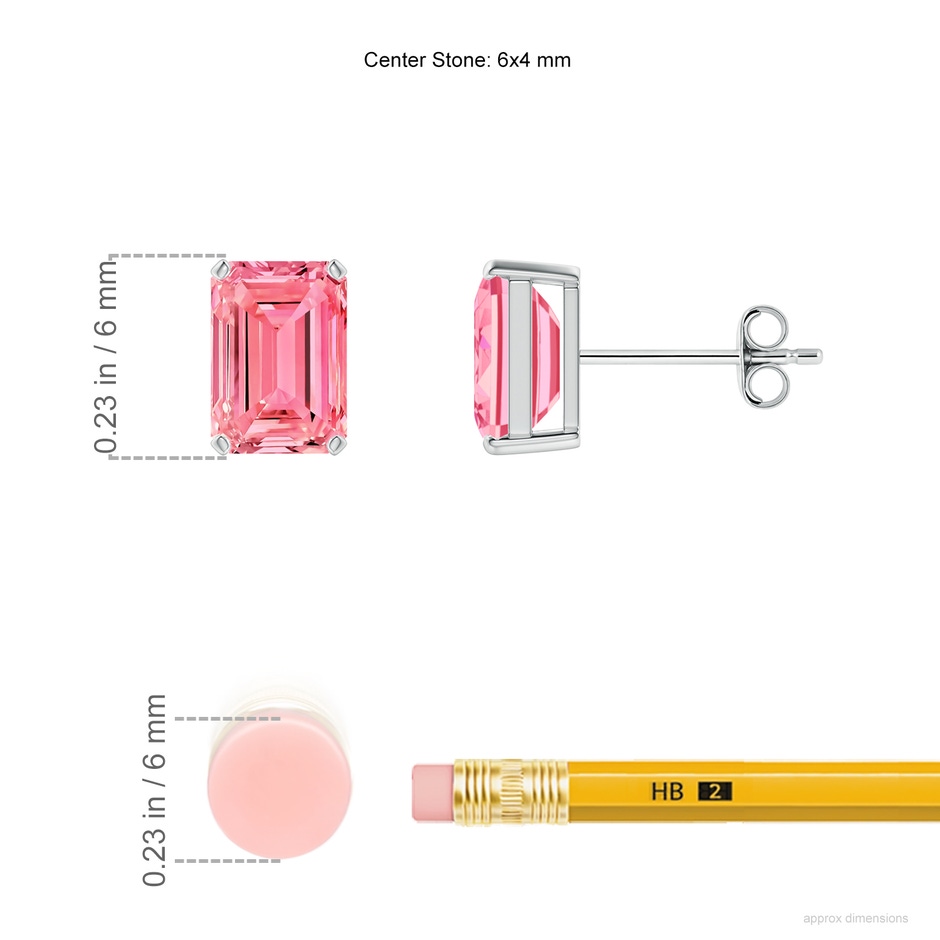 6x4mm Labgrown Prong-Set Emerald-Cut Lab-Grown Fancy Intense Pink Diamond Solitaire Stud Earrings in White Gold ruler
