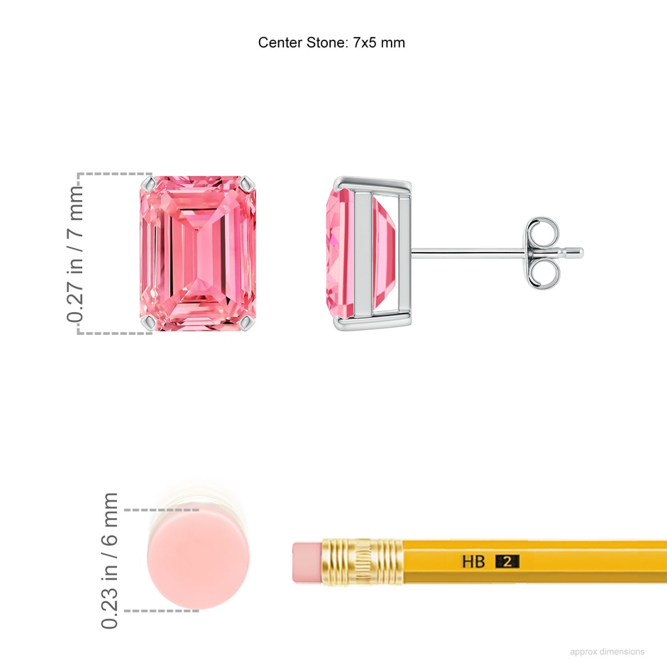 7x5mm Labgrown Prong-Set Emerald-Cut Lab-Grown Fancy Intense Pink Diamond Solitaire Stud Earrings in P950 Platinum ruler