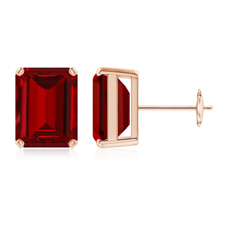 10x8mm Labgrown Lab-Grown Prong-Set Emerald-Cut Ruby Solitaire Stud Earrings in Rose Gold 