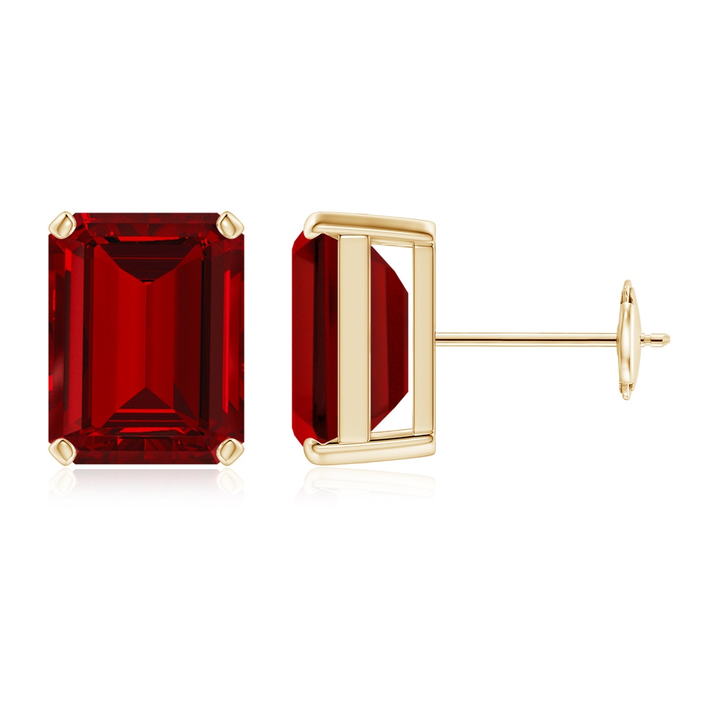 10x8mm Labgrown Lab-Grown Prong-Set Emerald-Cut Ruby Solitaire Stud Earrings in Yellow Gold