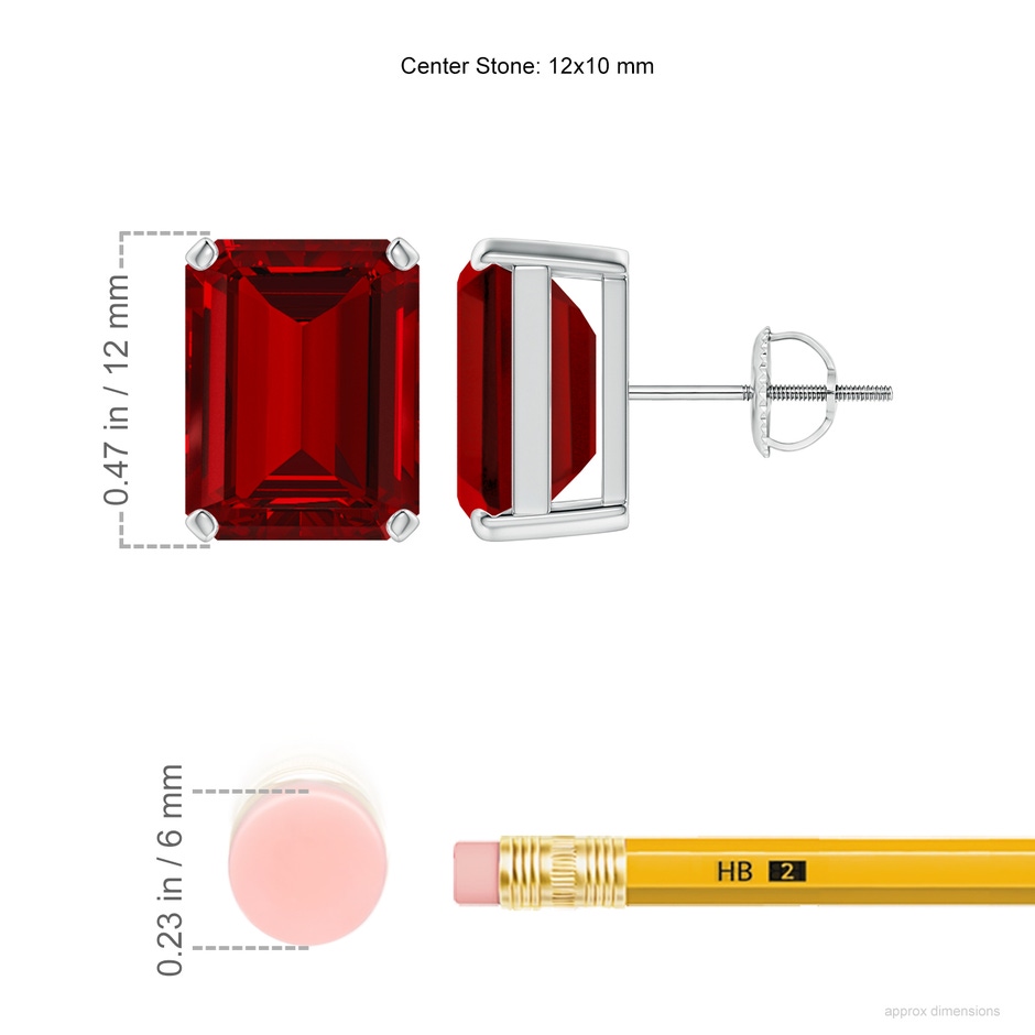 12x10mm Labgrown Lab-Grown Prong-Set Emerald-Cut Ruby Solitaire Stud Earrings in P950 Platinum ruler