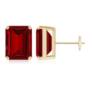 12x10mm Labgrown Lab-Grown Prong-Set Emerald-Cut Ruby Solitaire Stud Earrings in Yellow Gold