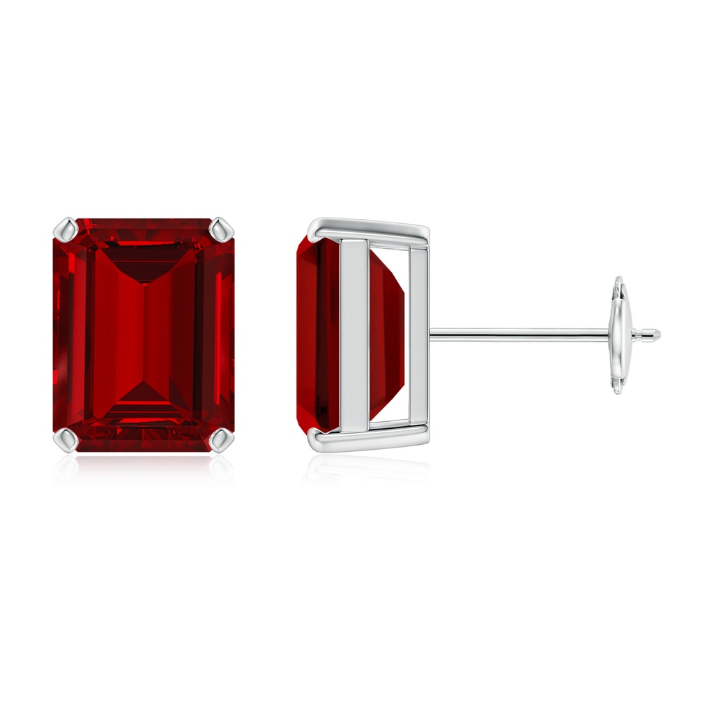 9x7mm Labgrown Lab-Grown Prong-Set Emerald-Cut Ruby Solitaire Stud Earrings in White Gold 