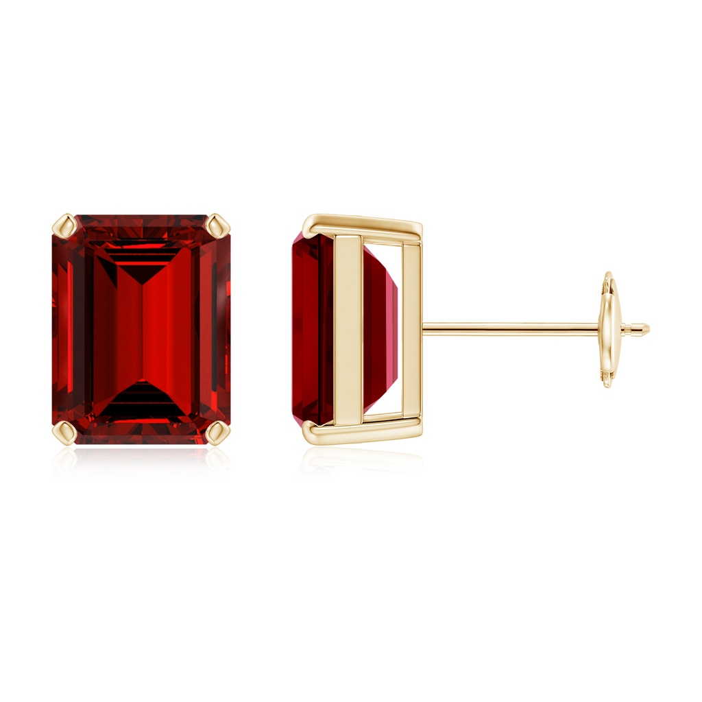 9x7mm Labgrown Lab-Grown Prong-Set Emerald-Cut Ruby Solitaire Stud Earrings in Yellow Gold