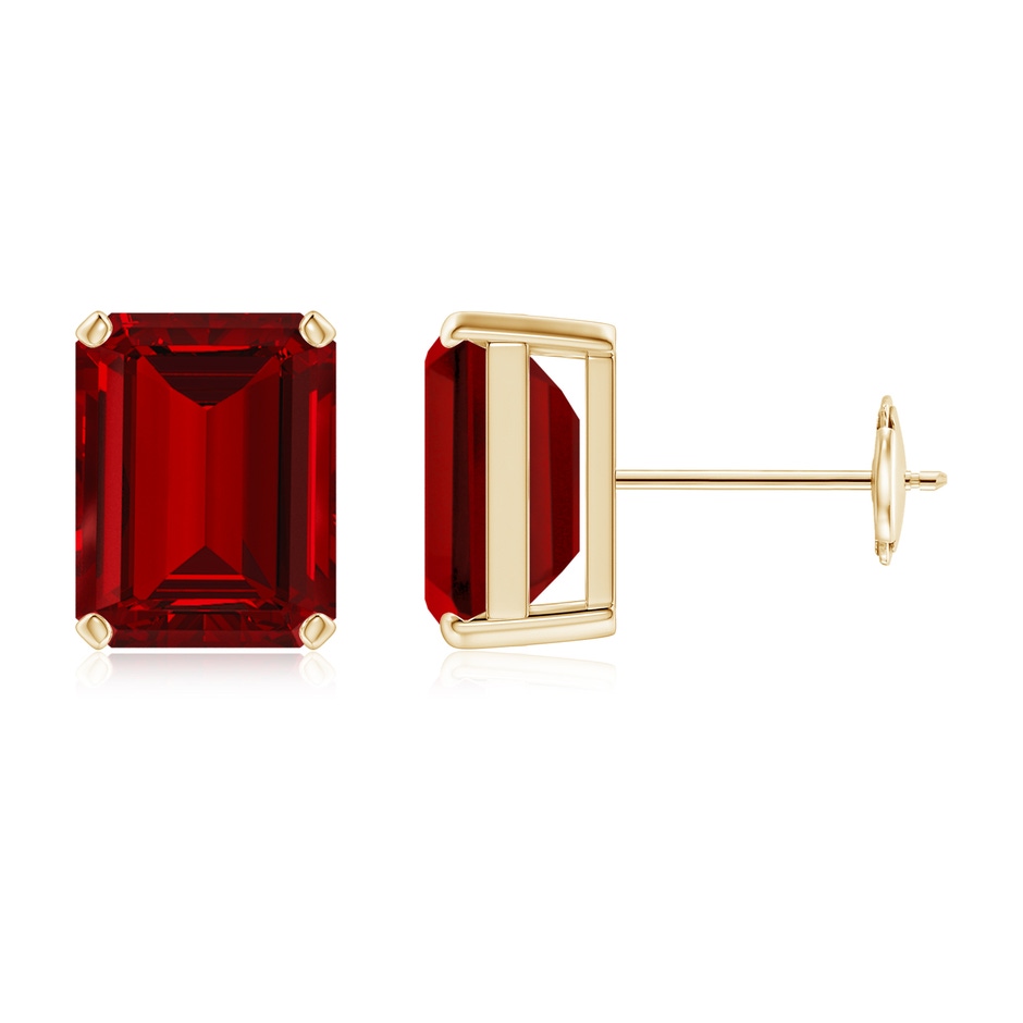 9x7mm Labgrown Lab-Grown Prong-Set Emerald-Cut Ruby Solitaire Stud Earrings in Yellow Gold 