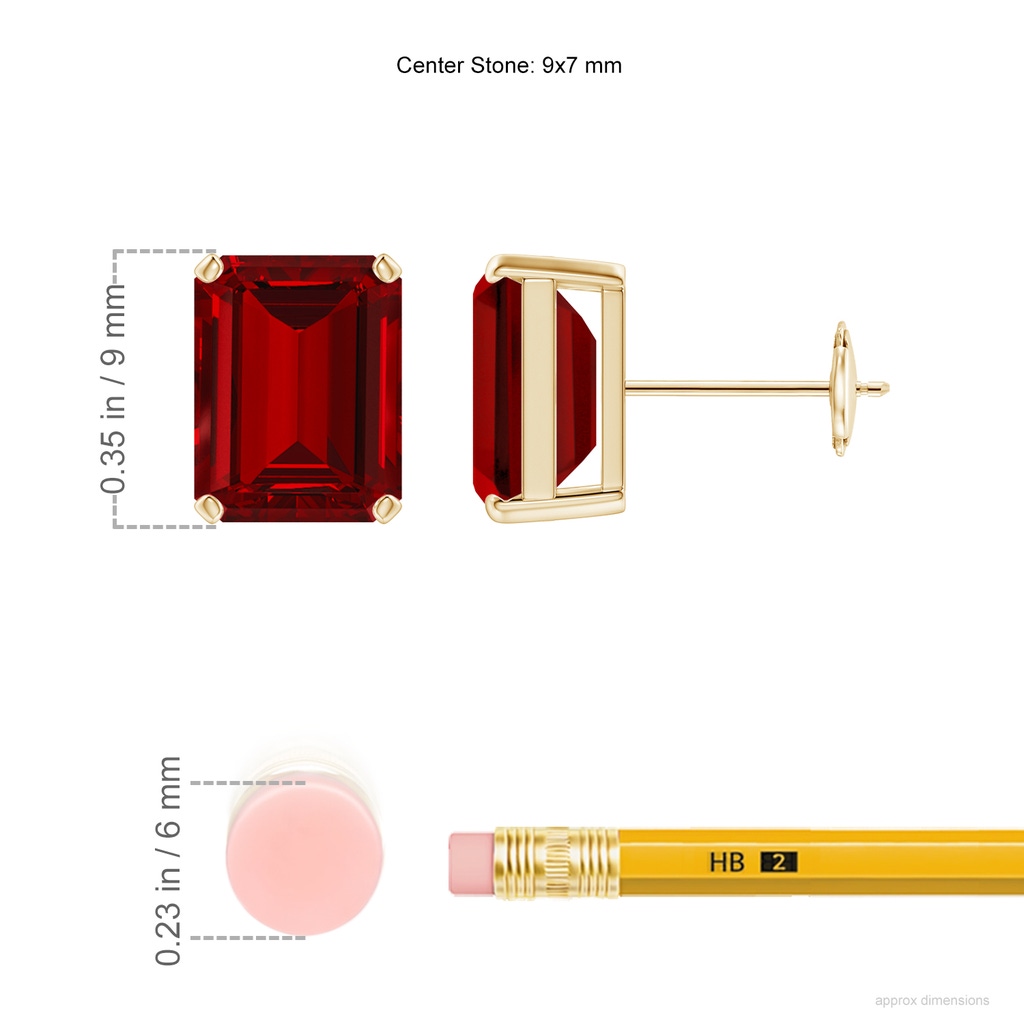 9x7mm Labgrown Lab-Grown Prong-Set Emerald-Cut Ruby Solitaire Stud Earrings in Yellow Gold ruler