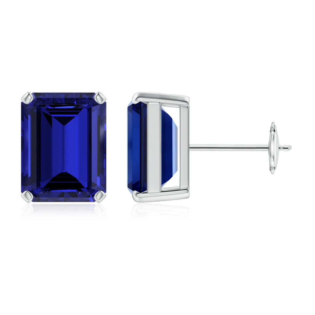 10x8mm Labgrown Lab-Grown Prong-Set Emerald-Cut Blue Sapphire Solitaire Stud Earrings in White Gold