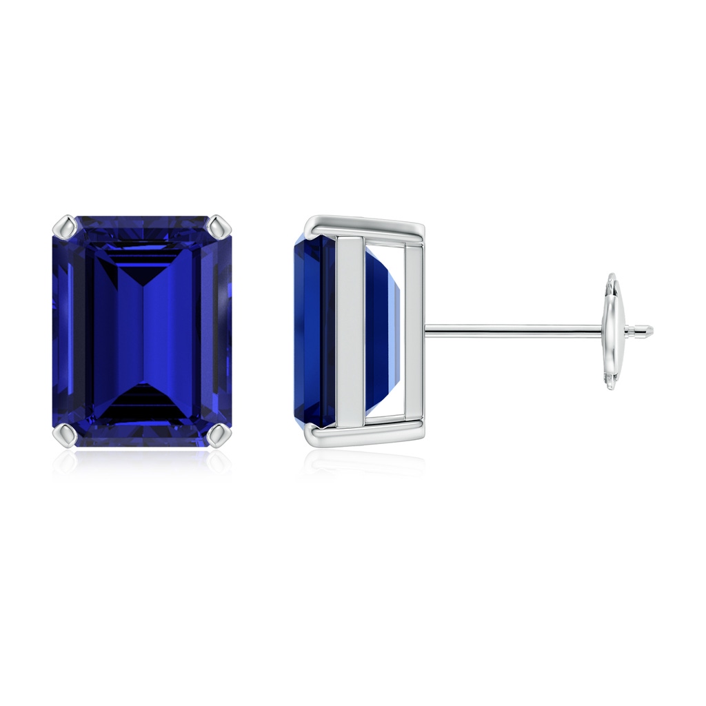 9x7mm Labgrown Lab-Grown Prong-Set Emerald-Cut Blue Sapphire Solitaire Stud Earrings in White Gold