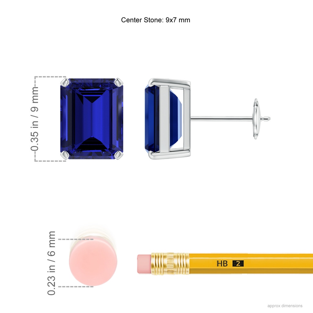 9x7mm Labgrown Lab-Grown Prong-Set Emerald-Cut Blue Sapphire Solitaire Stud Earrings in White Gold ruler