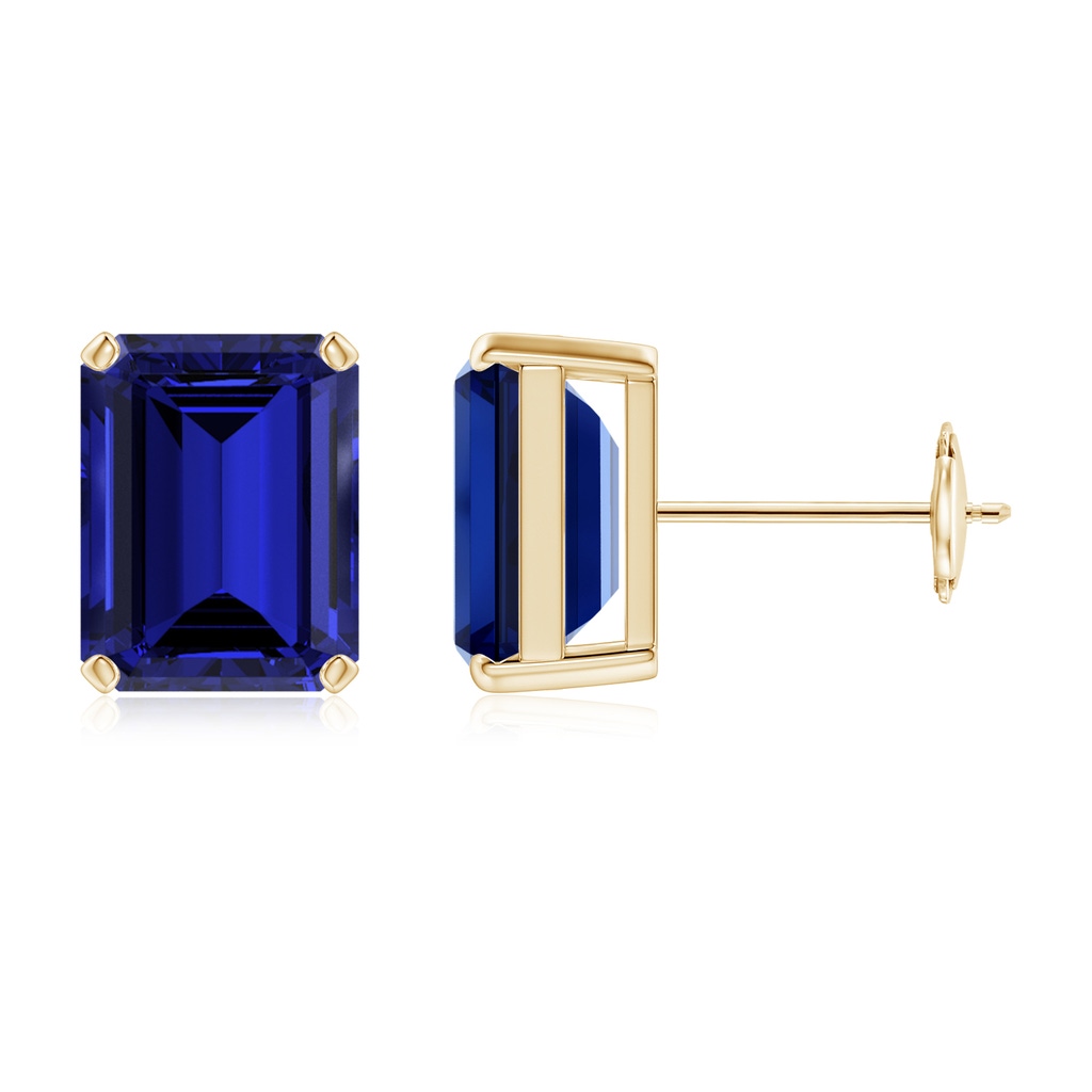 9x7mm Labgrown Lab-Grown Prong-Set Emerald-Cut Blue Sapphire Solitaire Stud Earrings in Yellow Gold