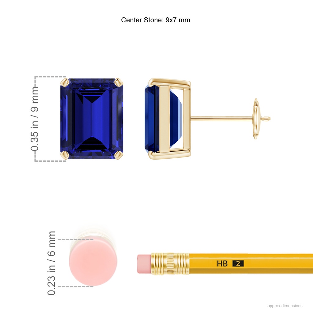 9x7mm Labgrown Lab-Grown Prong-Set Emerald-Cut Blue Sapphire Solitaire Stud Earrings in Yellow Gold ruler
