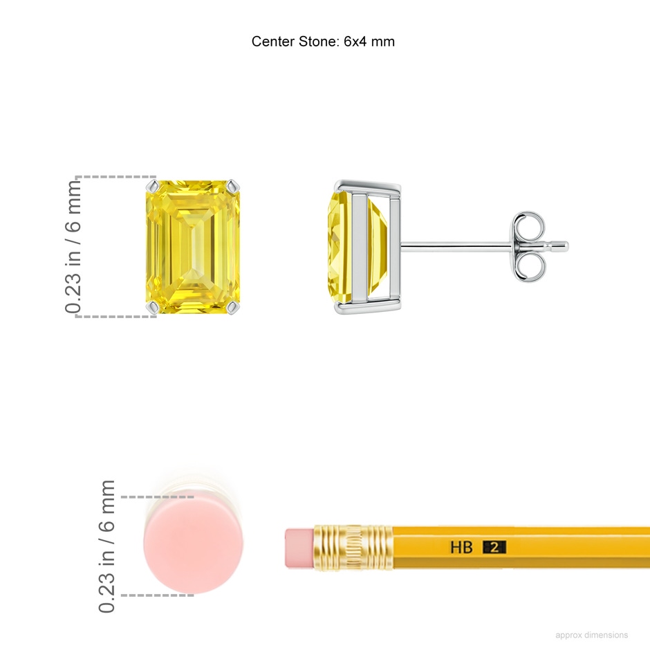 6x4mm Labgrown Prong-Set Emerald-Cut Lab-Grown Fancy Intense Yellow Diamond Solitaire Stud Earrings in P950 Platinum ruler