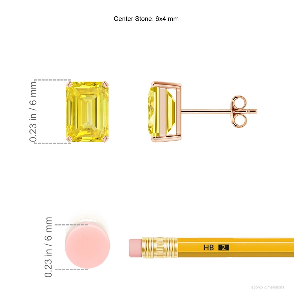 6x4mm Labgrown Prong-Set Emerald-Cut Lab-Grown Fancy Intense Yellow Diamond Solitaire Stud Earrings in Rose Gold ruler
