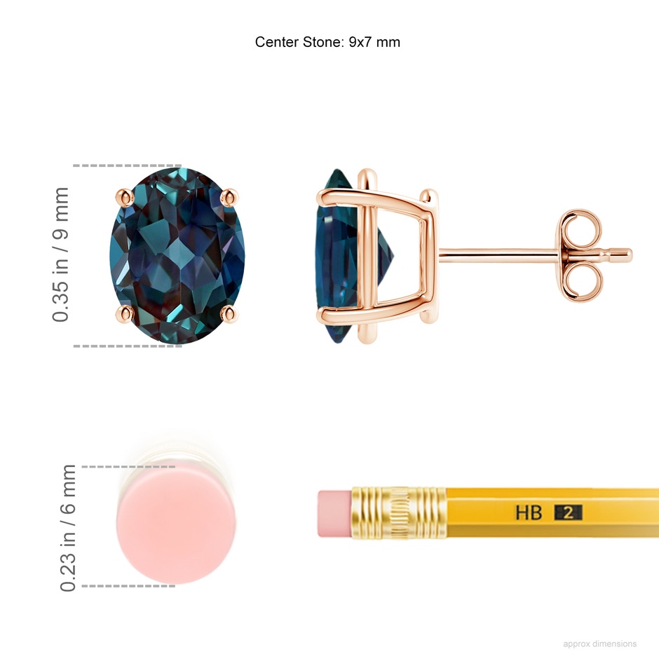 9x7mm Labgrown Prong-Set Oval Solitaire Lab-Grown Alexandrite Stud Earrings in 18K Rose Gold ruler