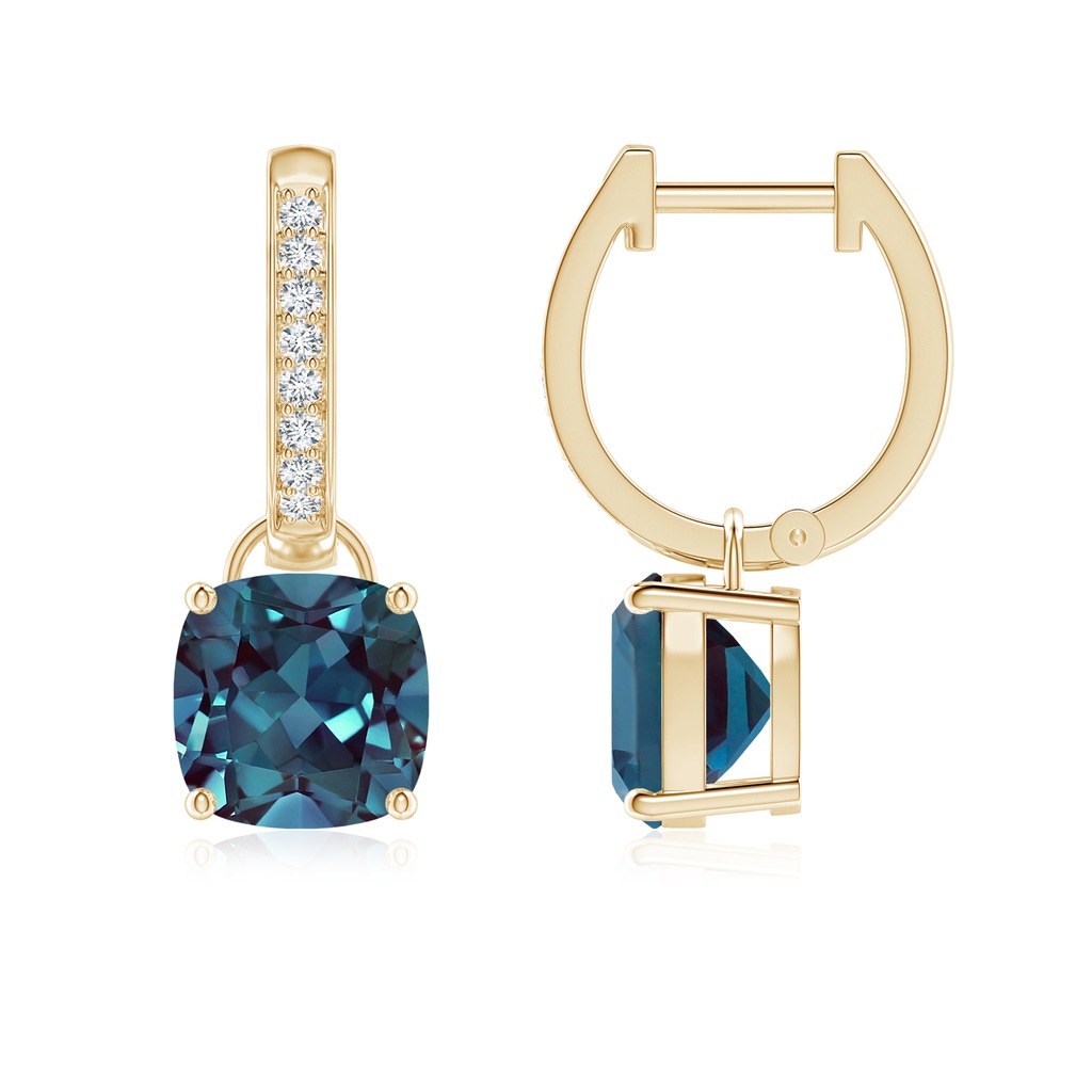 7mm Labgrown Cushion Lab-Grown Alexandrite Drop Earrings with Diamond Accents in Yellow Gold