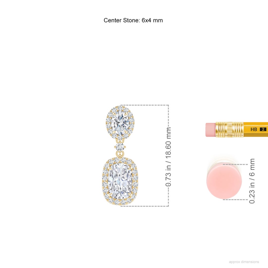 6x4mm FGVS Lab-Grown Two Tier Claw-Set Diamond Dangle Earrings with Halo in 18K Yellow Gold - ruler
