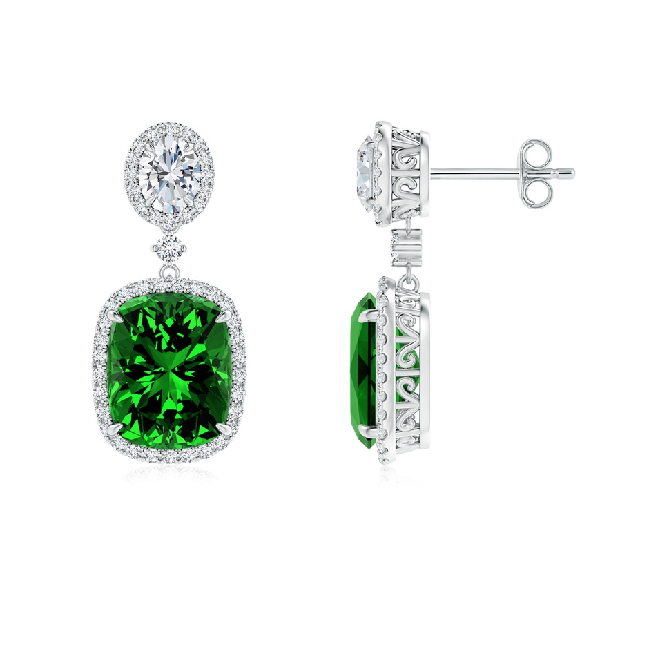 10x8mm Labgrown Lab-Grown Two Tier Claw-Set Emerald Dangle Earrings with Lab Diamond Halo in S999 Silver 