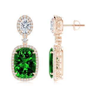 14x10mm Labgrown Lab-Grown Two Tier Claw-Set Emerald Dangle Earrings with Lab Diamond Halo in 9K Rose Gold