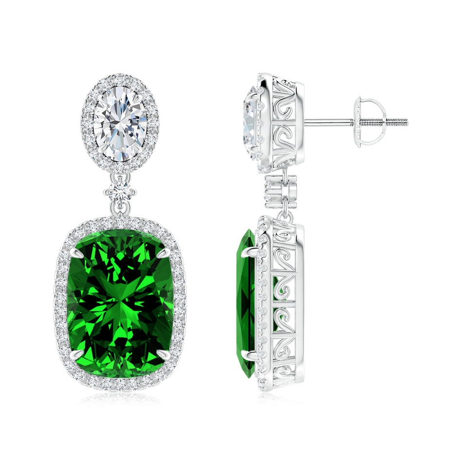 14x10mm Labgrown Lab-Grown Two Tier Claw-Set Emerald Dangle Earrings with Lab Diamond Halo in P950 Platinum 
