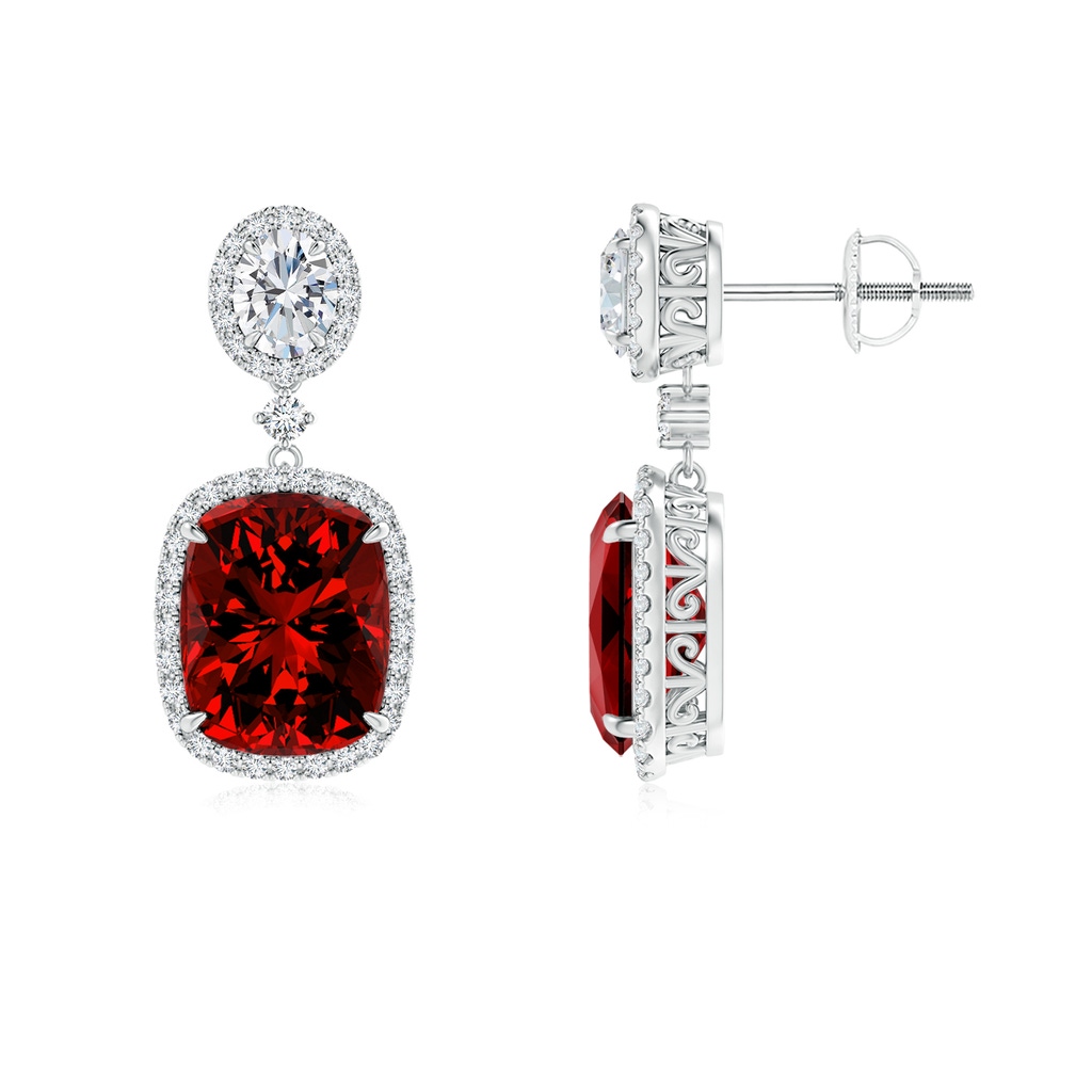 10x8mm Labgrown Lab-Grown Two Tier Claw-Set Ruby Dangle Earrings with Lab Diamond Halo in P950 Platinum