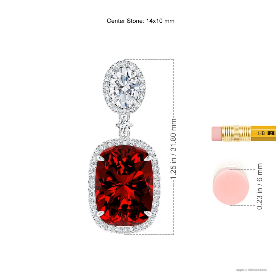 14x10mm Labgrown Lab-Grown Two Tier Claw-Set Ruby Dangle Earrings with Lab Diamond Halo in P950 Platinum ruler