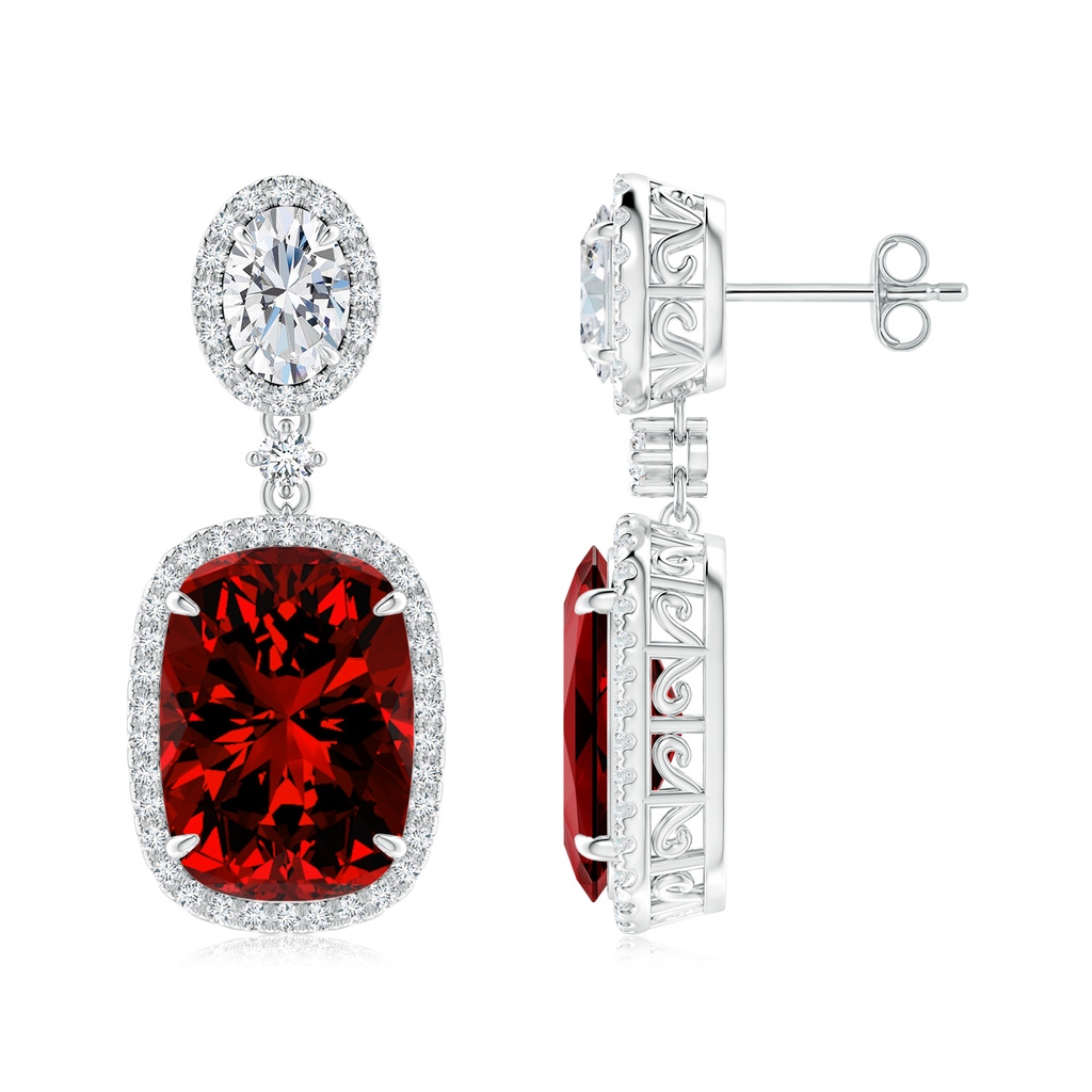 14x10mm Labgrown Lab-Grown Two Tier Claw-Set Ruby Dangle Earrings with Lab Diamond Halo in S999 Silver