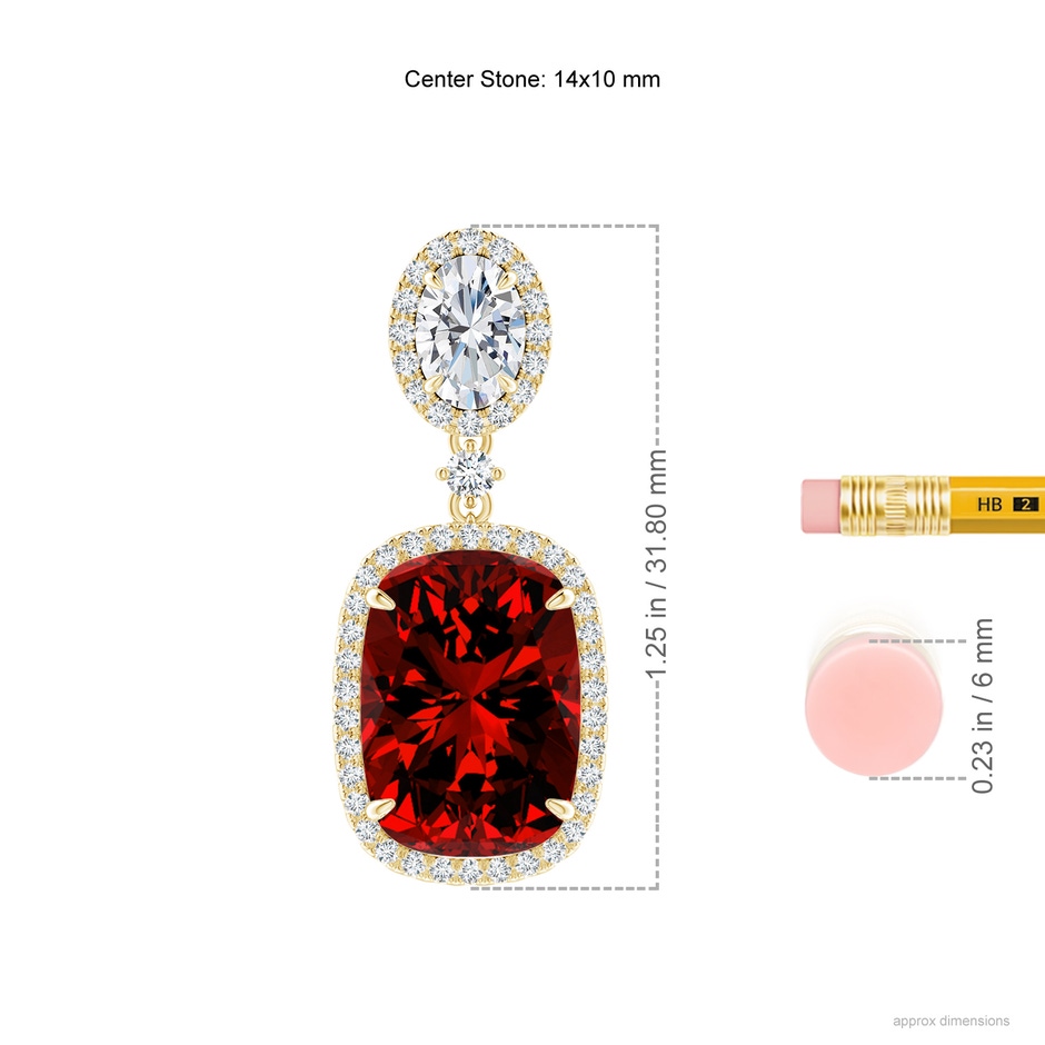 14x10mm Labgrown Lab-Grown Two Tier Claw-Set Ruby Dangle Earrings with Lab Diamond Halo in Yellow Gold ruler