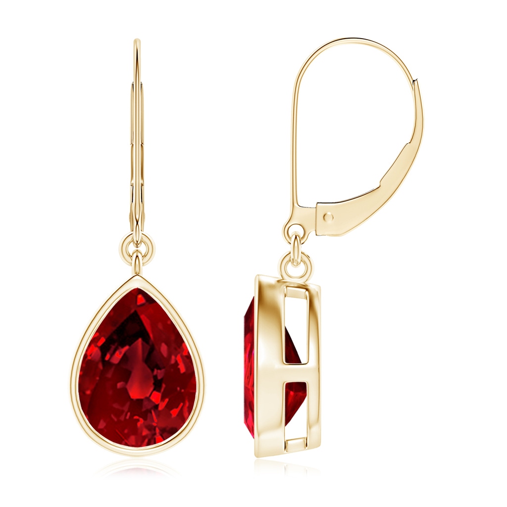 10x8mm Labgrown Lab-Grown Pear-Shaped Ruby Leverback Drop Earrings in Yellow Gold