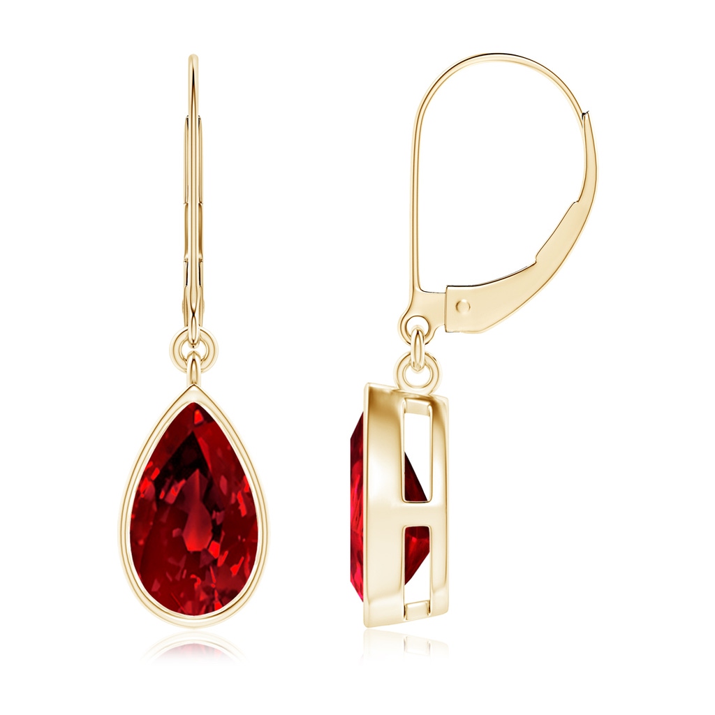 9x7mm Labgrown Lab-Grown Pear-Shaped Ruby Leverback Drop Earrings in 18K Yellow Gold