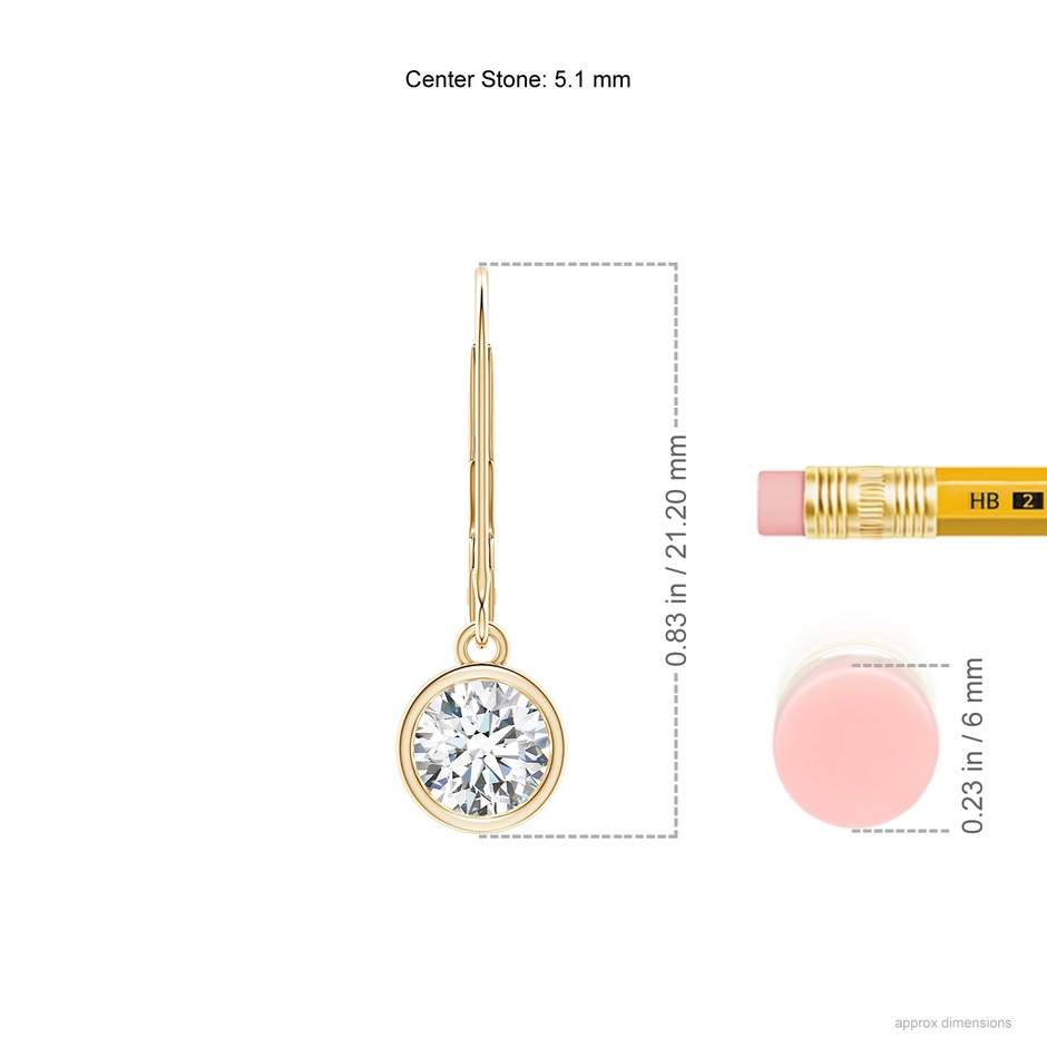 5.1mm FGVS Lab-Grown Bezel-Set Round Diamond Leverback Drop Earrings in Yellow Gold ruler