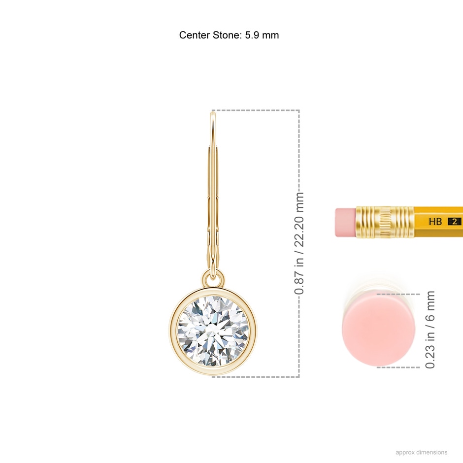 5.9mm FGVS Lab-Grown Bezel-Set Round Diamond Leverback Drop Earrings in Yellow Gold ruler