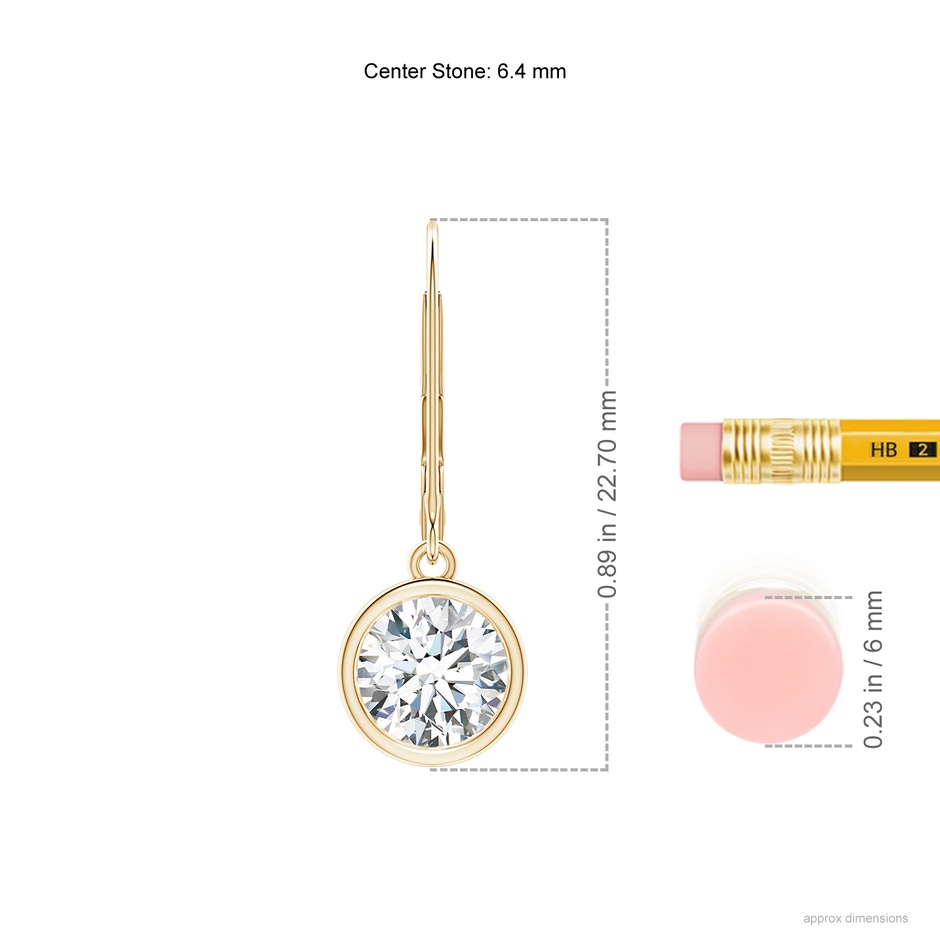 6.4mm FGVS Lab-Grown Bezel-Set Round Diamond Leverback Drop Earrings in Yellow Gold ruler