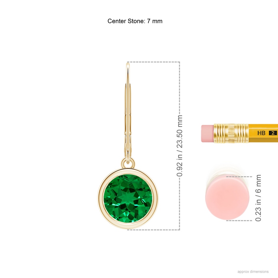 7mm Labgrown Lab-Grown Bezel-Set Round Emerald Leverback Drop Earrings in Yellow Gold ruler