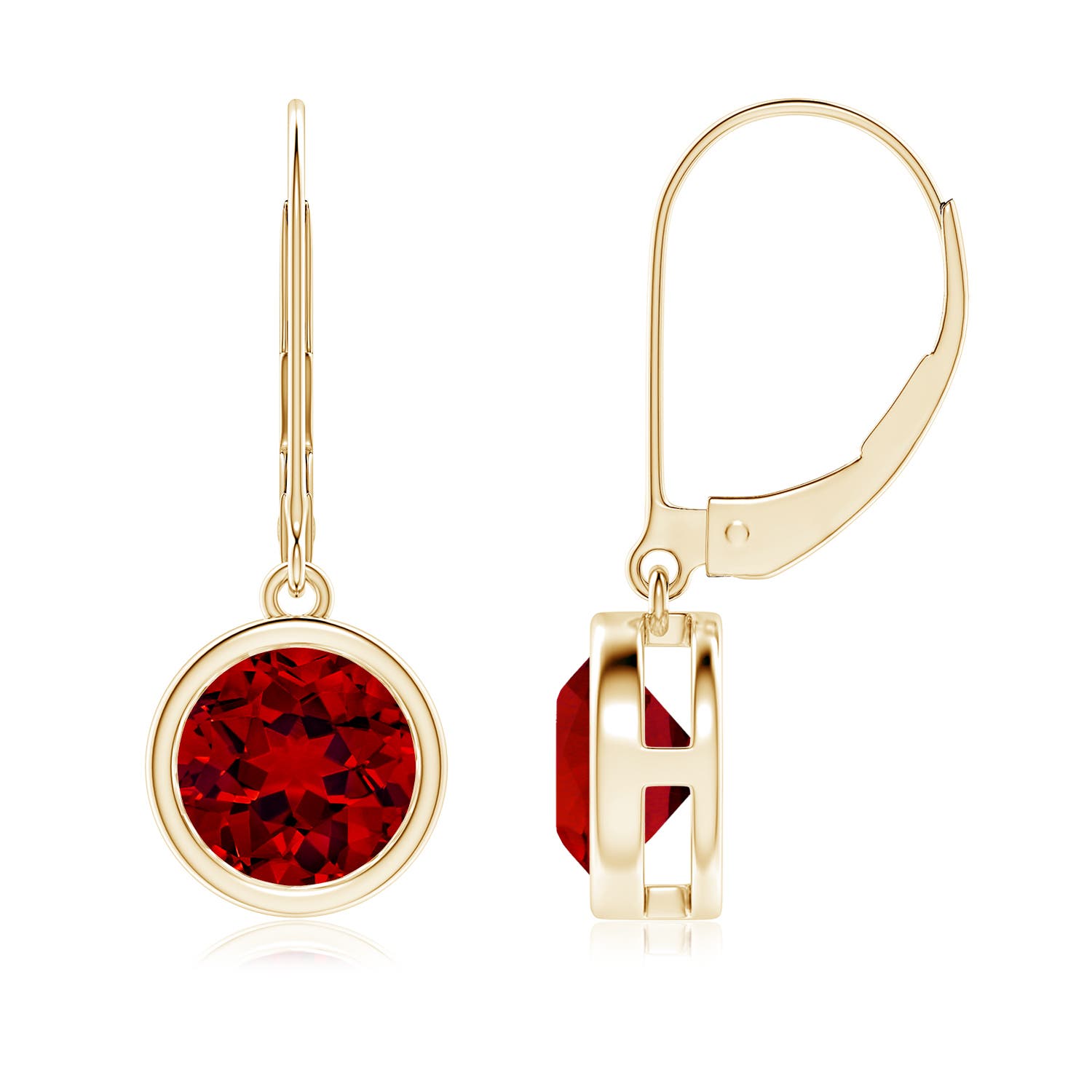 7mm Labgrown Lab-Grown Bezel-Set Round Ruby Leverback Drop Earrings in Yellow Gold