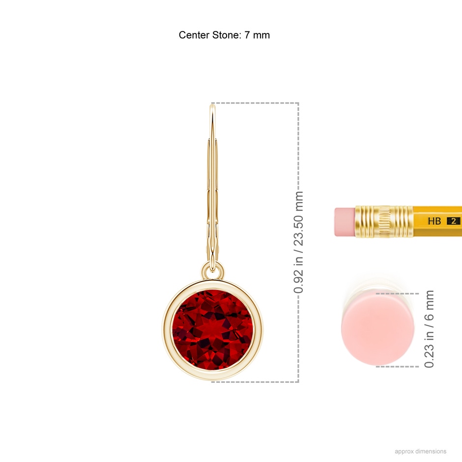 7mm Labgrown Lab-Grown Bezel-Set Round Ruby Leverback Drop Earrings in Yellow Gold ruler