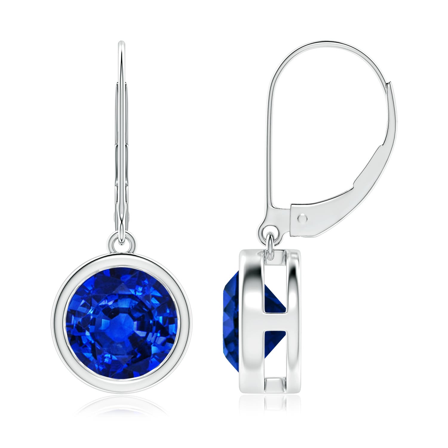 8mm Labgrown Lab-Grown Bezel-Set Round Blue Sapphire Leverback Drop Earrings in 18K White Gold