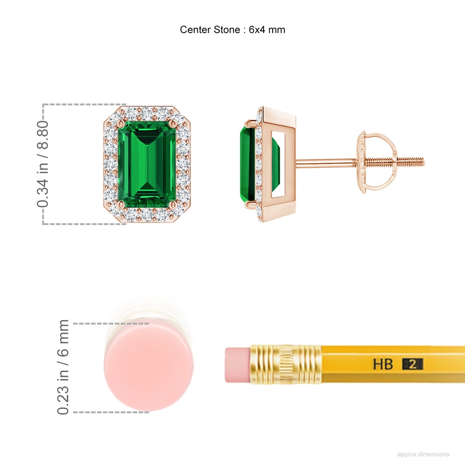 6x4mm Labgrown Lab-Grown Emerald-Cut Emerald Stud Earrings with Lab Diamond Halo in 18K Rose Gold ruler