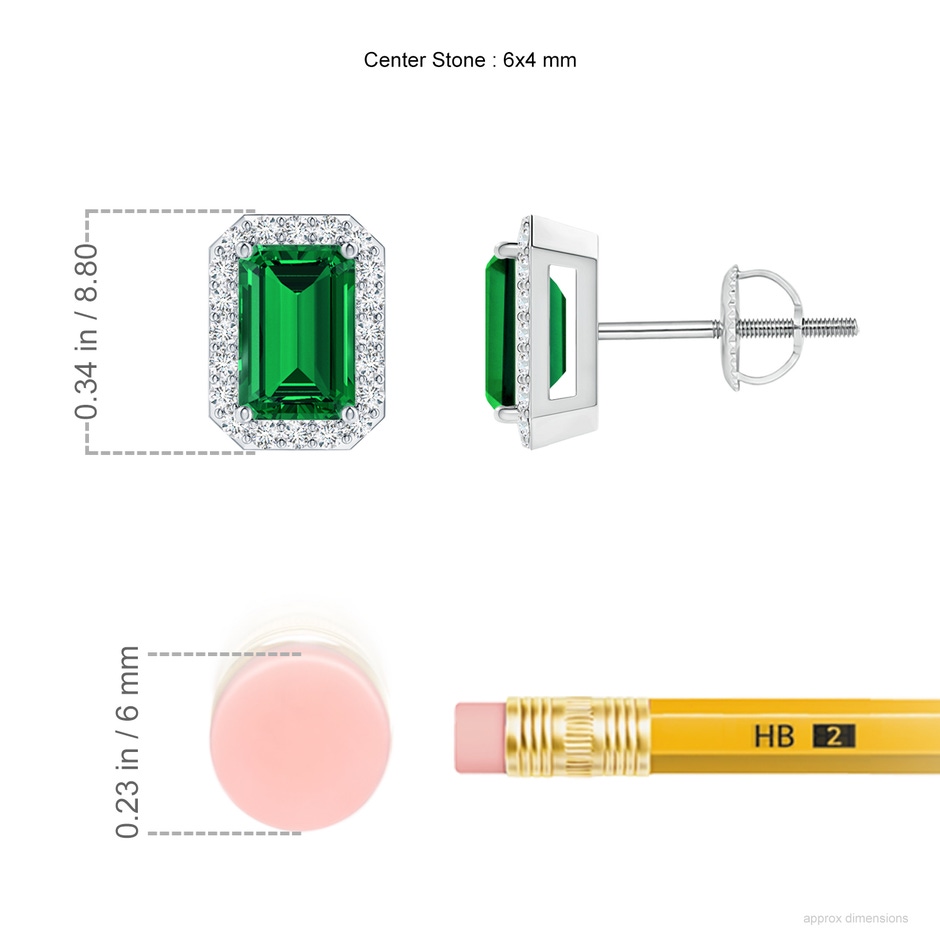 6x4mm Labgrown Lab-Grown Emerald-Cut Emerald Stud Earrings with Lab Diamond Halo in 18K White Gold ruler