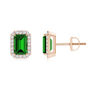 6x4mm Labgrown Lab-Grown Emerald-Cut Emerald Stud Earrings with Diamond Halo in Rose Gold
