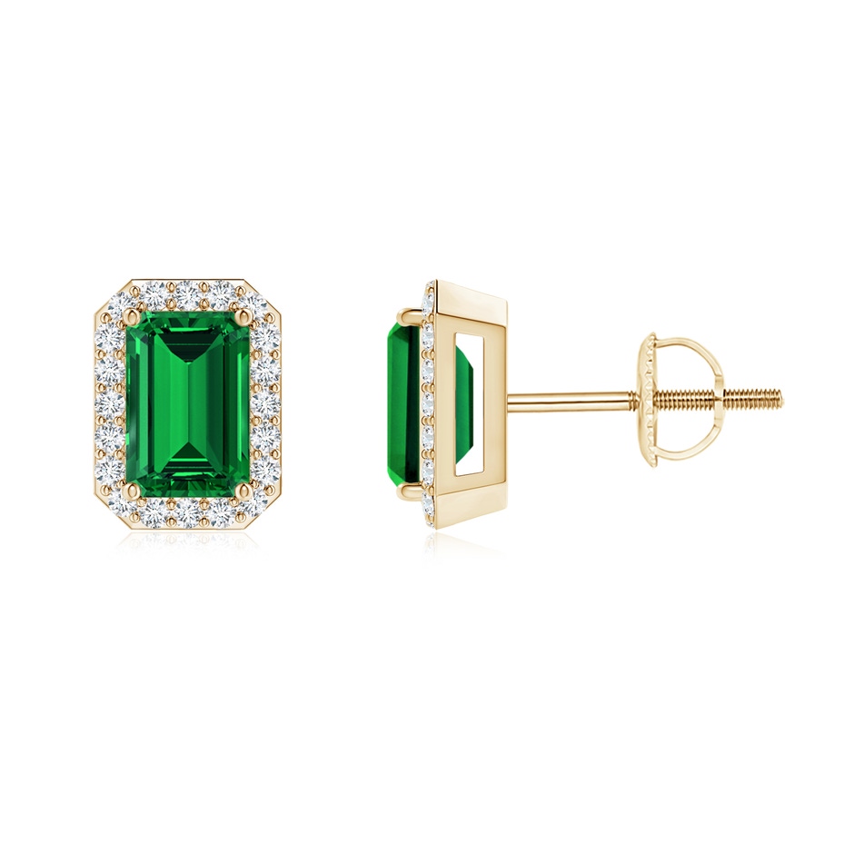 6x4mm Labgrown Lab-Grown Emerald-Cut Emerald Stud Earrings with Lab Diamond Halo in Yellow Gold 