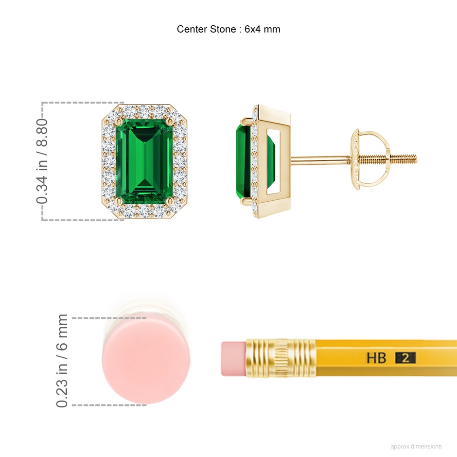 6x4mm Labgrown Lab-Grown Emerald-Cut Emerald Stud Earrings with Lab Diamond Halo in Yellow Gold ruler