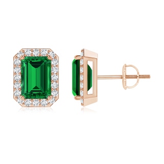 7x5mm Labgrown Lab-Grown Emerald-Cut Emerald Stud Earrings with Lab Diamond Halo in 10K Rose Gold