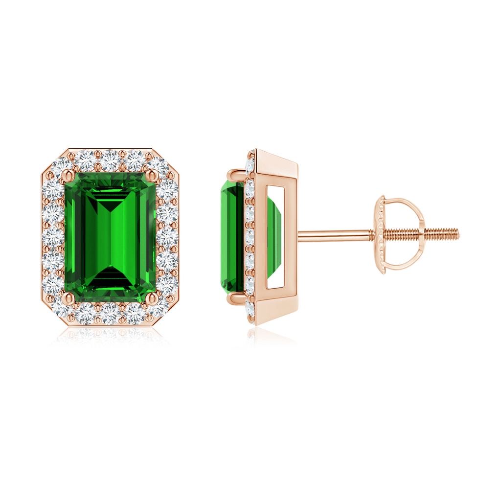 7x5mm Labgrown Lab-Grown Emerald-Cut Emerald Stud Earrings with Diamond Halo in Rose Gold