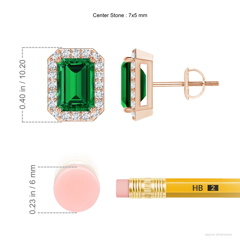 7x5mm Labgrown Lab-Grown Emerald-Cut Emerald Stud Earrings with Lab Diamond Halo in Rose Gold ruler