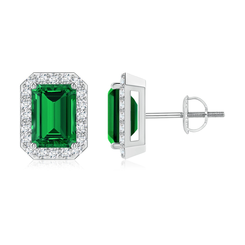 7x5mm Labgrown Lab-Grown Emerald-Cut Emerald Stud Earrings with Lab Diamond Halo in White Gold 