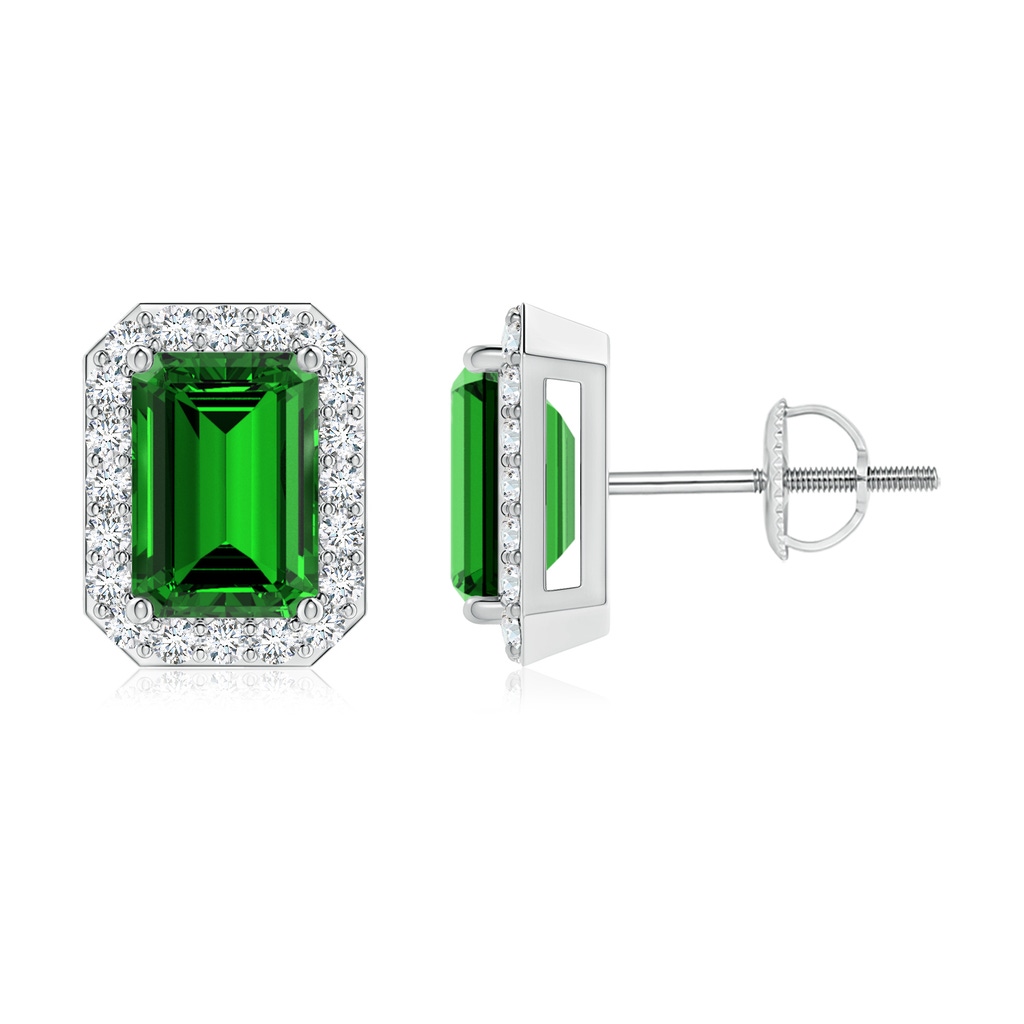 7x5mm Labgrown Lab-Grown Emerald-Cut Emerald Stud Earrings with Diamond Halo in White Gold