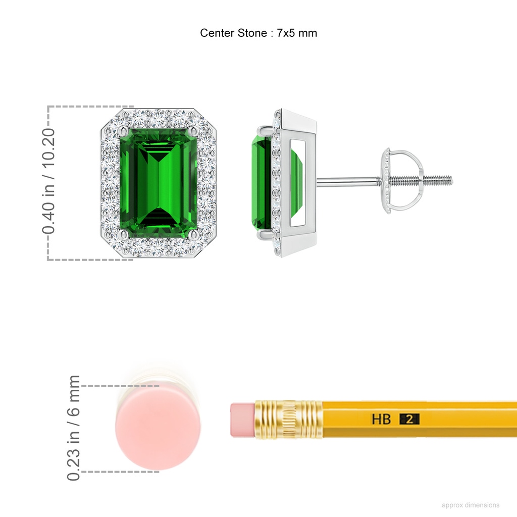 7x5mm Labgrown Lab-Grown Emerald-Cut Emerald Stud Earrings with Diamond Halo in White Gold ruler