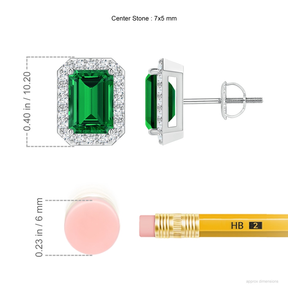 7x5mm Labgrown Lab-Grown Emerald-Cut Emerald Stud Earrings with Lab Diamond Halo in White Gold ruler